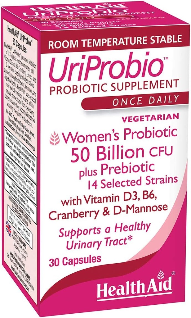 HealthAid UriProbio – 50 miliardi di CFU Probiotico femminile con Prebiotico, Mirtillo, D-Mannose, Vitamina D3 & B6 | Supporta Tratto urinario & Benessere digestivo, Acido & Bile Resistant, Vegan