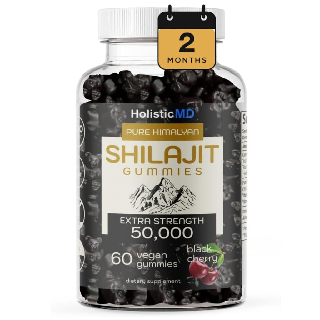 Shilajit Gummies for Men Women Pure Himalayian Extra Strenght 50.000 Resina per il supporto Metabolismo Ashwagandha Siberian Chaga | 2 mesi di fornitura Vegan Keto Friendly Cherry 60 Gummies