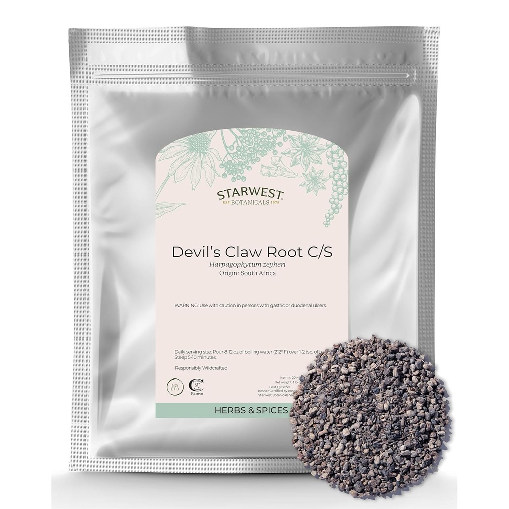 Starwest Botanicals Devil's Claw Root - Erbe secca per tè e miscele naturali di erbe, Pure Devil's Claw Root, Cut & Sifted, Wildcrafted, Certified Kosher - Bulk 1 lb Bag