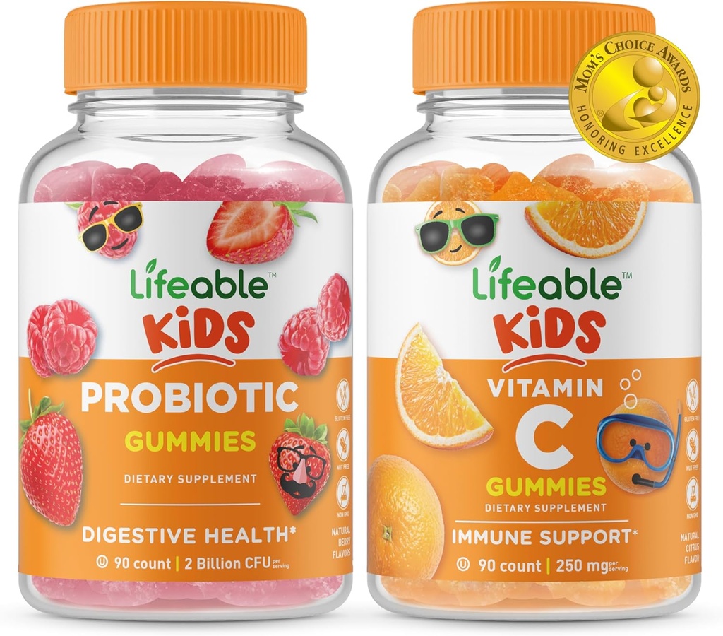 Probiotico vitale 2 miliardi di CFU Bambini + Vitamina C Bambini, Gummies Bundle - Grande degustazione, Supplemento di vitamina, Senza glutine, OGM libero, pancia masticabile