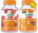 Probiotico vitale 2 miliardi di CFU Bambini + Vitamina C Bambini, Gummies Bundle - Grande degustazione, Supplemento di vitamina, Senza glutine, OGM libero, pancia masticabile