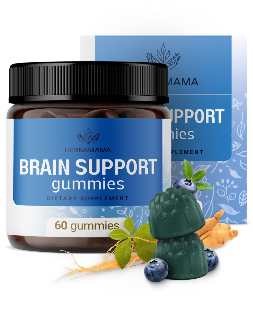 HERBAMAMAMA Brain Support Gummies – Integratori di messa a fuoco del cervello per gli adulti con Ashwagandha, Bacopa Monnieri, Vitamina C & B12 – Vegan, Gummie calmanti non OGM – 60 Cuciture a base di mirtillo