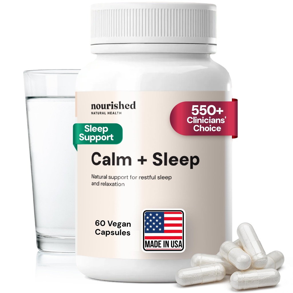 Natural Nourished - Calm + Sleep Capsule per il riposo profondo & Relax con Ashwagandha, Camomilla, Tart Cherry Extract, Passionflower, L-theanine, & Magnesio - 60 Capsule