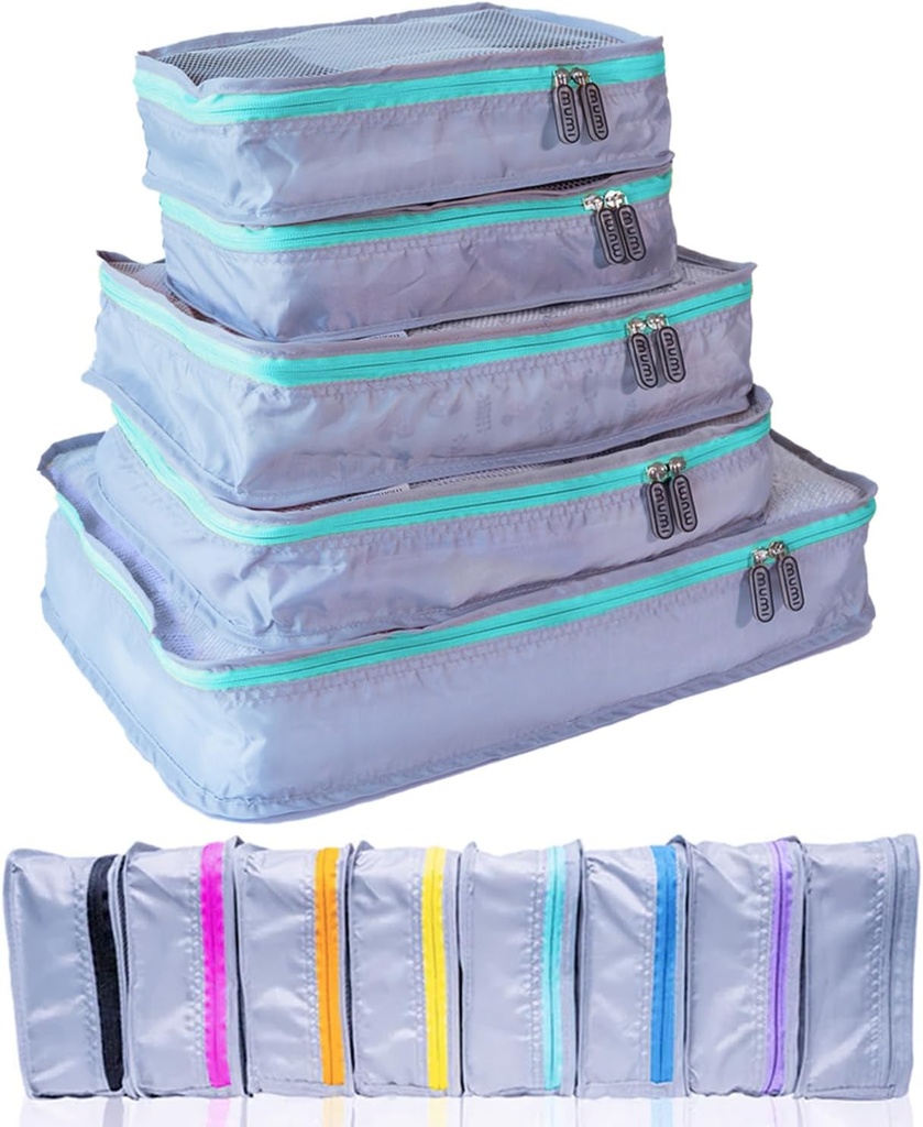 Cubi di imballaggio MUMI – Cubi di compressione a 5 pezzi per viaggi, organizzatori di bagagli per valigette, sacchetti di cartone, zaini e borse Duffel – Elementi essenziali per il viaggio di salvataggio - Aqua
