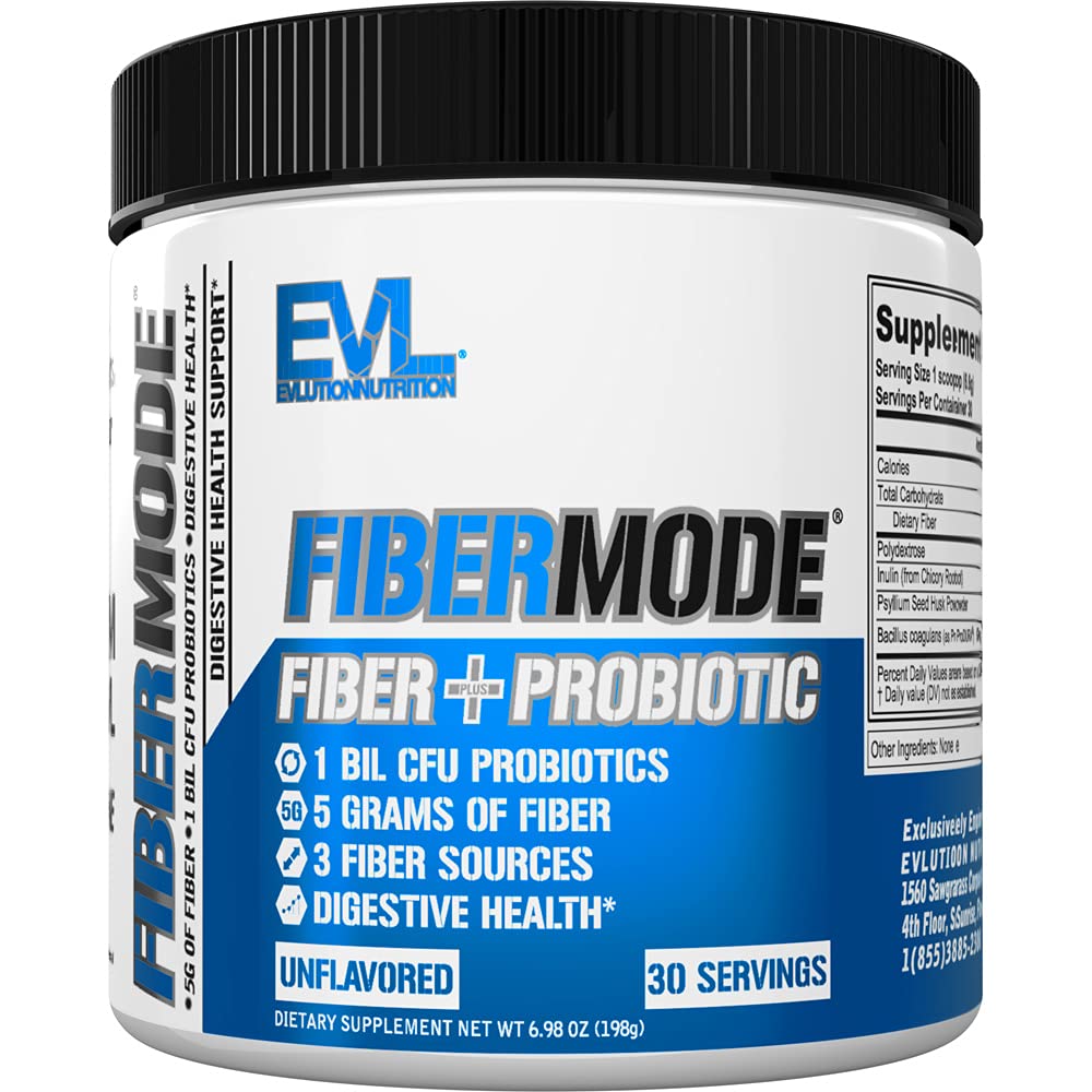 Evlution Nutrition FiberMode - Fibra + Polvere Probiotica - Salute Digestiva & Supporto Immune - 1bil CFU Probiotici + 5g Fibra - Gluten Free & Vegan - Non aromatizzato - Integratore alimentare - 30 Serve