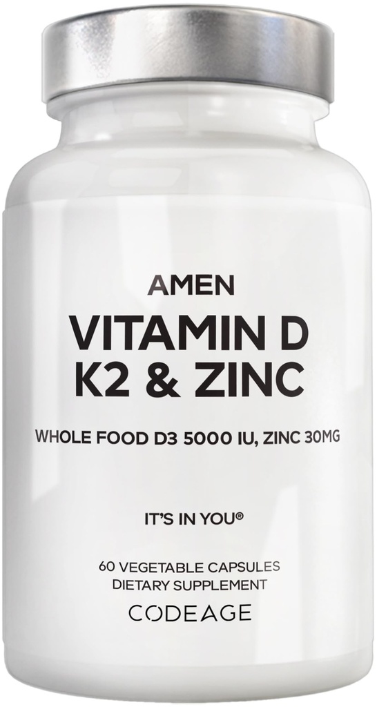 Vitamina D, K2 & Zinc, Cholecalciferol D3 5000 IU, Miscela alimentare completa organica con mela, mirtillo, mirtillo, frutta a polvere di sambuco, integratore vegano, D3 K2 Vitamine, Non OGM - 60 capsule