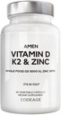 Vitamina D, K2 & Zinc, Cholecalciferol D3 5000 IU, Miscela alimentare completa organica con mela, mirtillo, mirtillo, frutta a polvere di sambuco, integratore vegano, D3 K2 Vitamine, Non OGM - 60 capsule