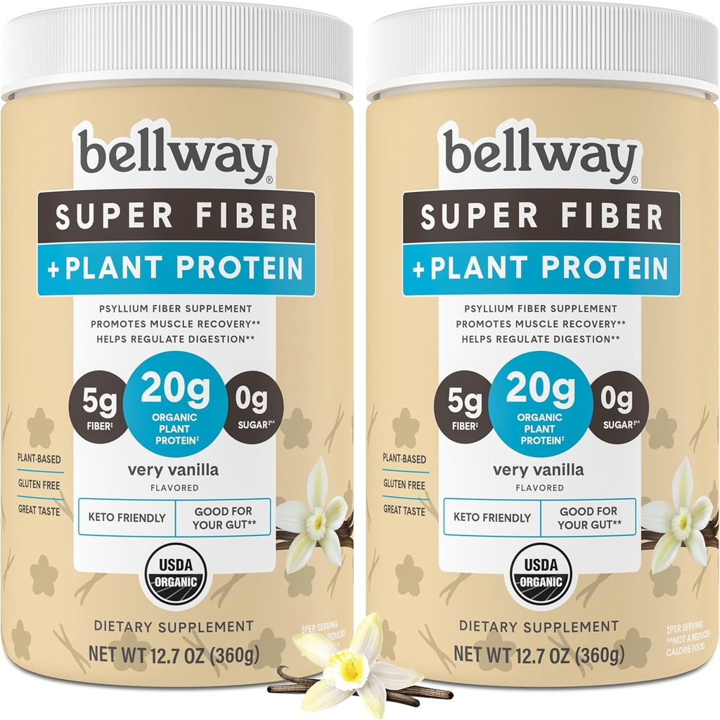 Bellway Super Fiber + Protein Powder (2 Pack), Polvere di supplemento di fibra di Psyllium Organic senza zucchero con 20g Protein Per Serving, Molto Vanilla, 24.14 oz