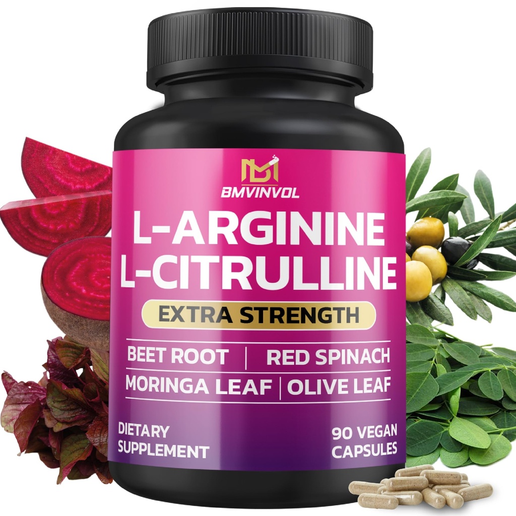 BMVINVOL L Arginine L Citrulline Supplemento Plus Beet Root, Moringa, Olive, Red Spinach for Support Daily - 90 Capsule