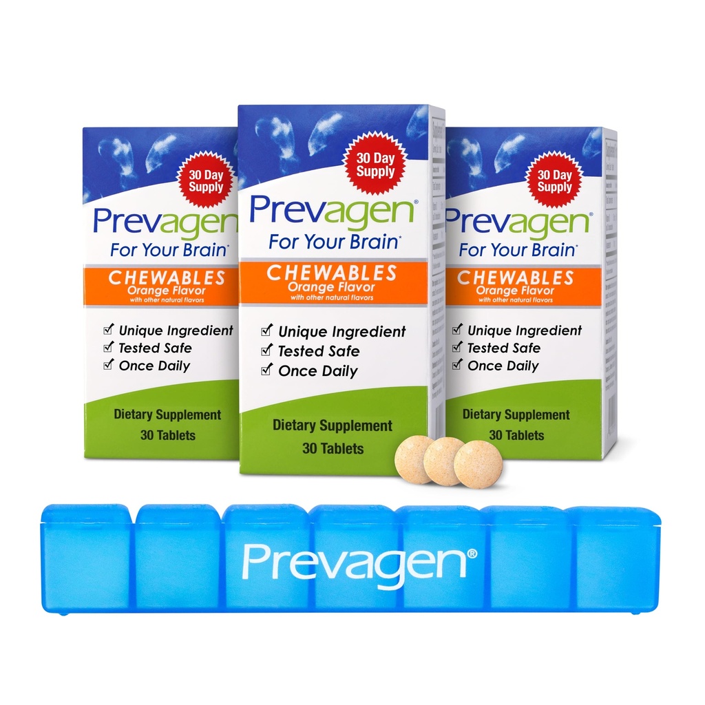 Masticabili arancio di resistenza regolare Prevagen - 90 compresse (3 mesi di alimentazione) | Formulato per il vostro cervello | 10mg di Apoaequorin Plus Vitamina D3 con Minder di Pillola di 7 giorni