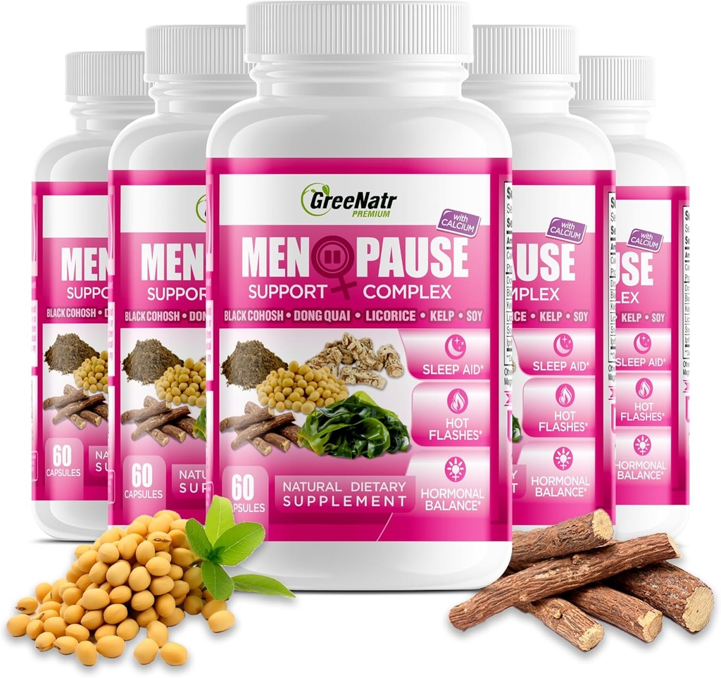 GreeNatr Herbal Menopause Complesso di supporto per Flash Hot, Night Sweats & Mood Swings Relief. Promuove i livelli di ormone bilanciato - Cohosh nero, Dong Quai, radice di liquirizia e foglie di Kelp (6 bottiglie)
