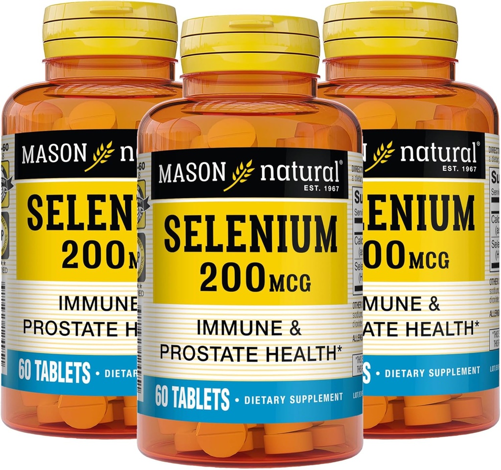 MASON NATURAL Selenium 200 mcg - Integratore antiossidante per il supporto immunitario e la salute della prostata, Trace minerale essenziale, 60 compresse (Pack of 3)