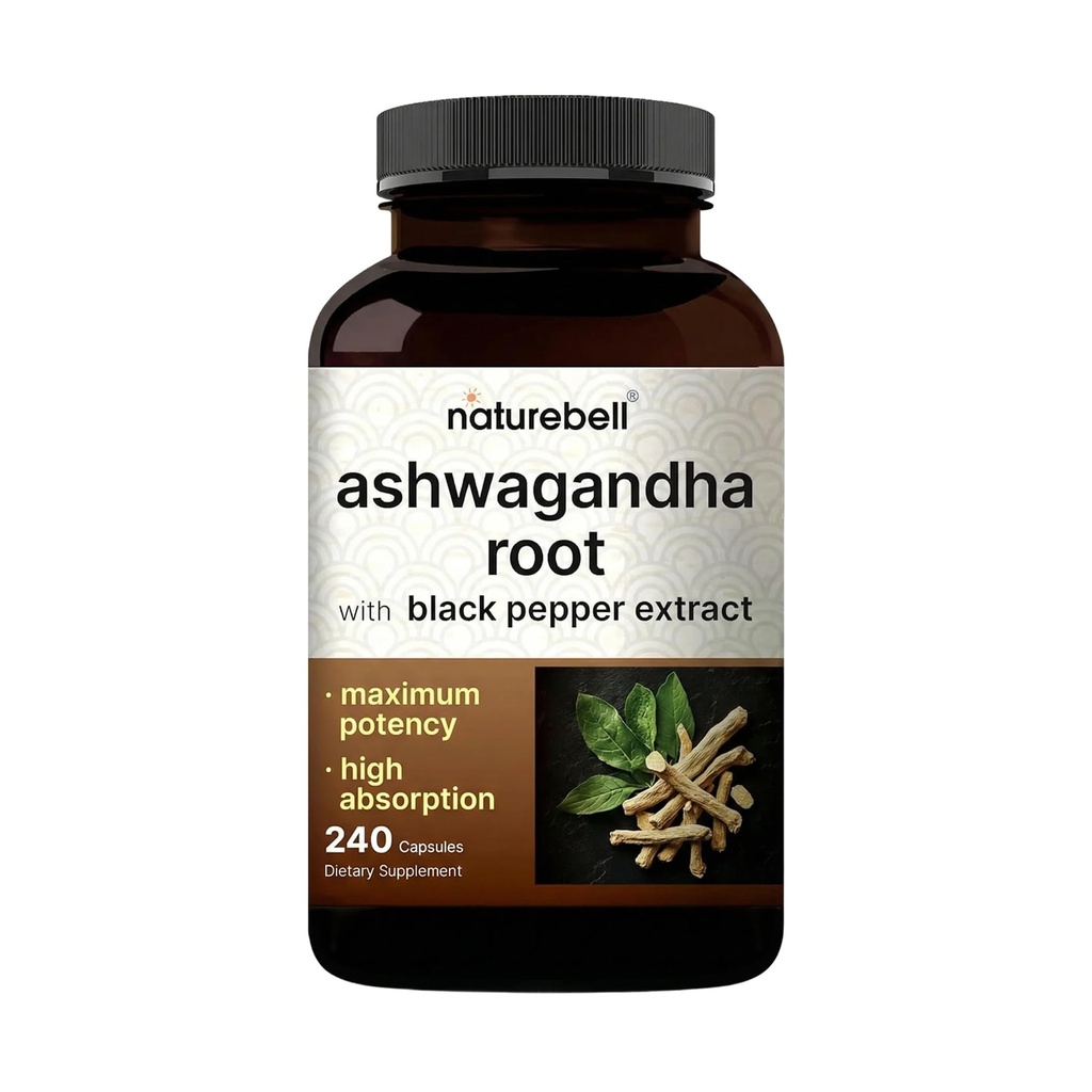 NatureBell Ashwagandha con pepe nero, 240 capsule | Complesso ad alto assorbimento – Estratto di radice ad alta resistenza – Adaptogens Supplements for Relaxation – Non OGM