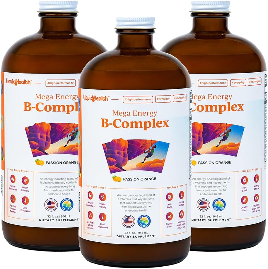 LIQUIDHEALTH Mega Energy Methylated B-Complex, Adult Liquid Vitamin Supplement - Aumenta l'energia, Allevia lo stress e la fatica, Supporto immunitario, Cuore e salute del fegato - Made in USA, Vegan, Sugar-Free (3 Pack)