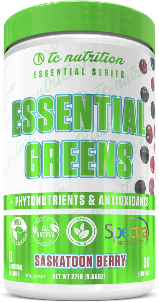 Polvere verde essenziale | Ottimizzare la salute + energia | Spectra, Matcha organica, Spirulina, Più | Probiotics & Digestion Support, Antiossidanti | Stevia addolcito, Saskatoon Berry,30 Serv, Non OGM, Vegan