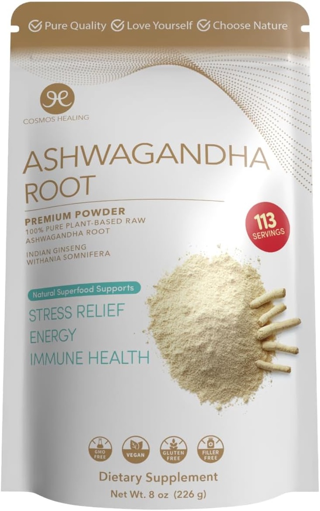 Ashwagandha Root Powder | Organic Adaptogen | 8 oz (113 Servings) | 2 Grammi per Serving | Supporto ayurvedic Stress & Energy Booster | Non OGM, Vegan, Gluten-Free