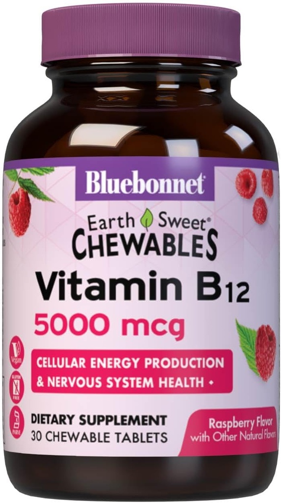 Bluebonnet Nutrition Earth Sweet Vitamin B12 5000 mcg Chewable Tablets, Soy-Free, Gluten-Free, Kosher Certified, Dairy-Free, Vegan, Raspberry Flavored, 30 compresse masticabili, 30 Serve