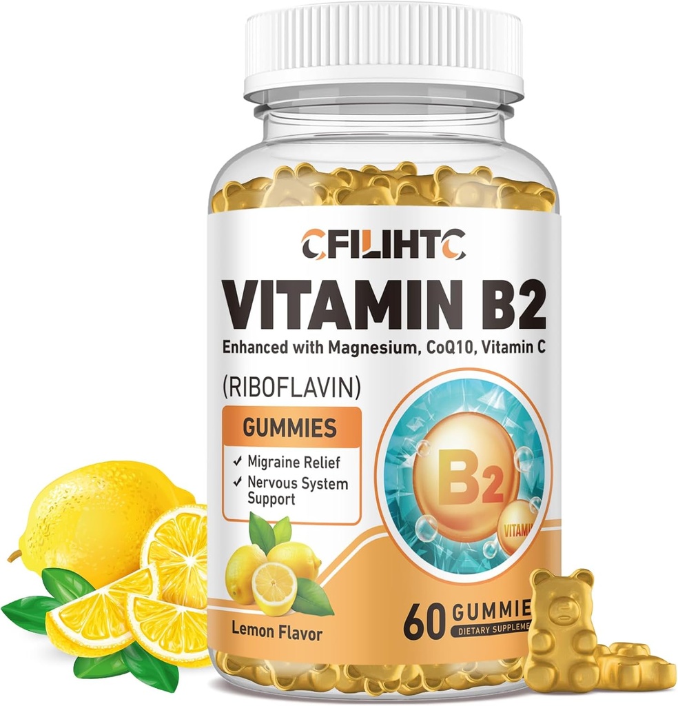 Vitamina B2 Gummies Riboflavin 400mg Supplemento per Bambini & Adulti - Magnesio Glycinate, Zinco, CoQ10, Vitamina B12 - Migraine Relief & Energy, Supporto per il sistema nervoso, Zucchero Free Limone Flavor, 60ct