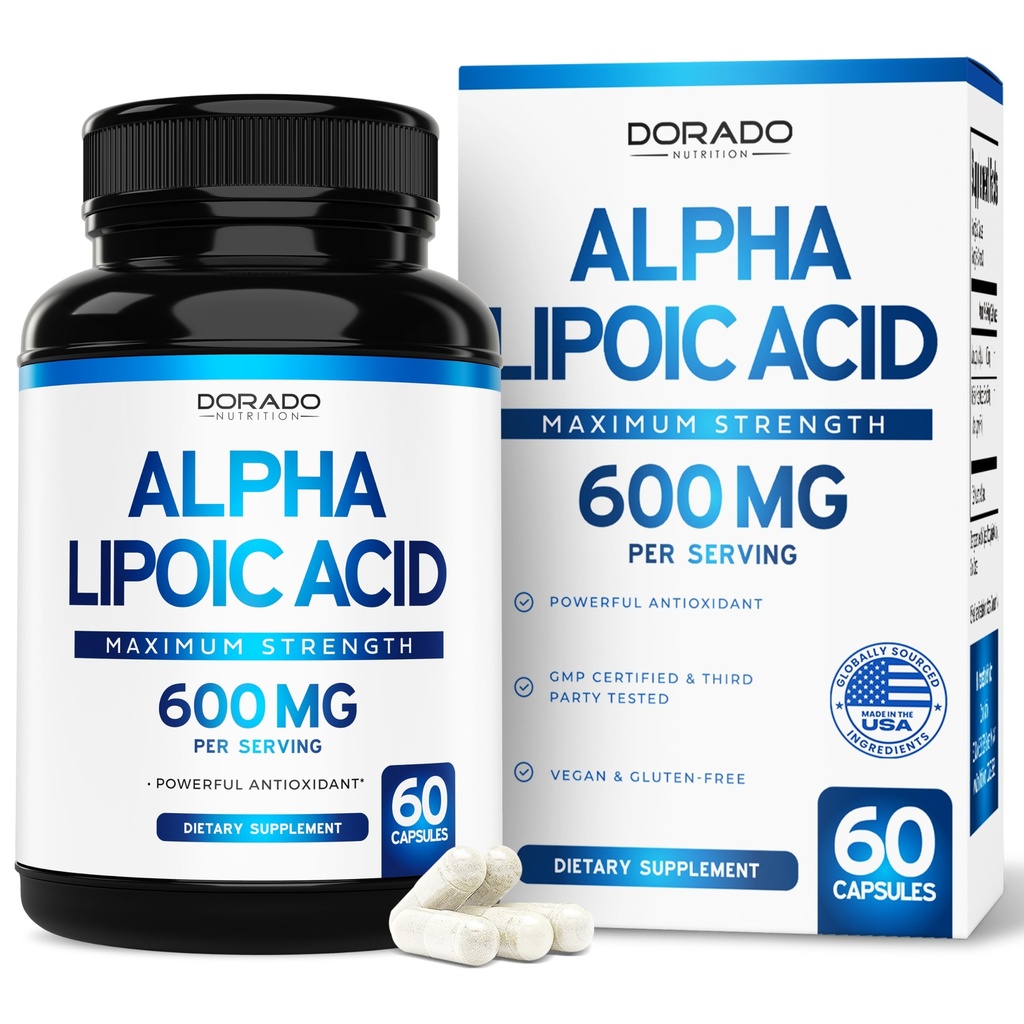 Acido alfa lipoico 600mg per Serving 60 capsule - Potente antiossidante per la neuropatia e la salute cardiovascolare (ALA Supplemento) - Terze Parti Testata, Non OGM, Gluten Free, Vegan & USA Made