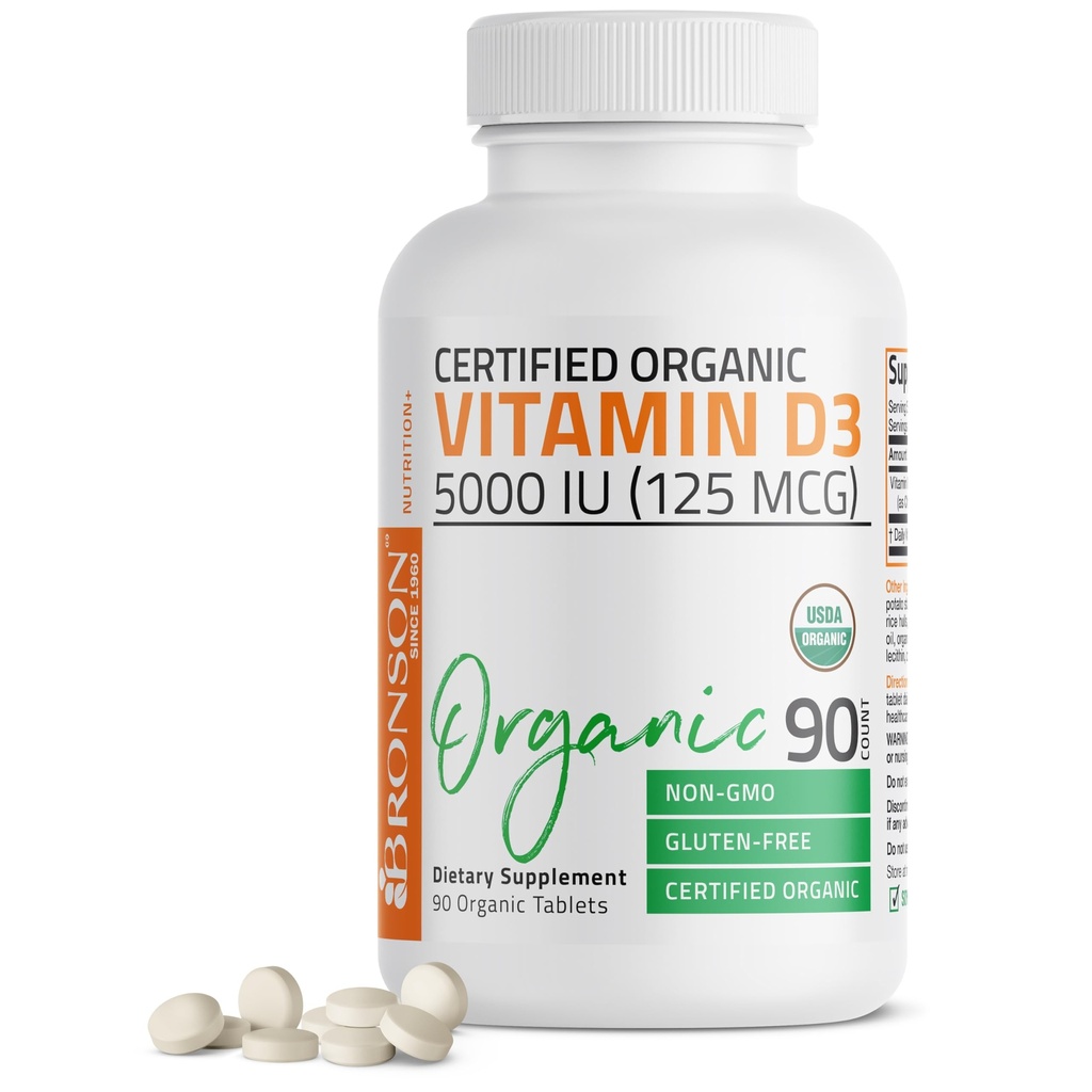 Bronson vitamina D3 5000 IU certificato supplemento di vitamina D organico, non OGM, certificato USDA, 90 compresse
