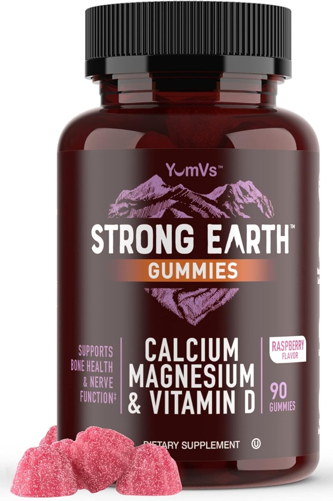 YUM-V'S Strong Earth Calcium, Magnesio, Vitamina D3 Gummies, Vitamina Gummies, Calcium Supplemento per una forte salute di ossa per le donne e gli uomini - Certificato Kosher (90 Conte)