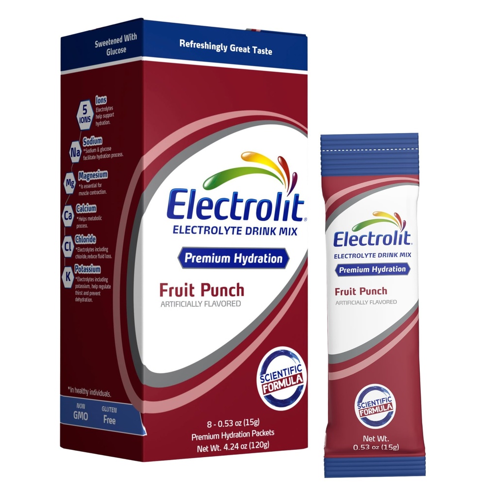 Electrolit Electrolytes Powder Packets, Fruit Punch 8 Pack, Pacchetti di idratazione in polvere per la disidratazione e la riidratazione, Miscela di bevanda aromatizzata post allenamento, Stick di potenziamento dell'acqua quotidiani senza glutine