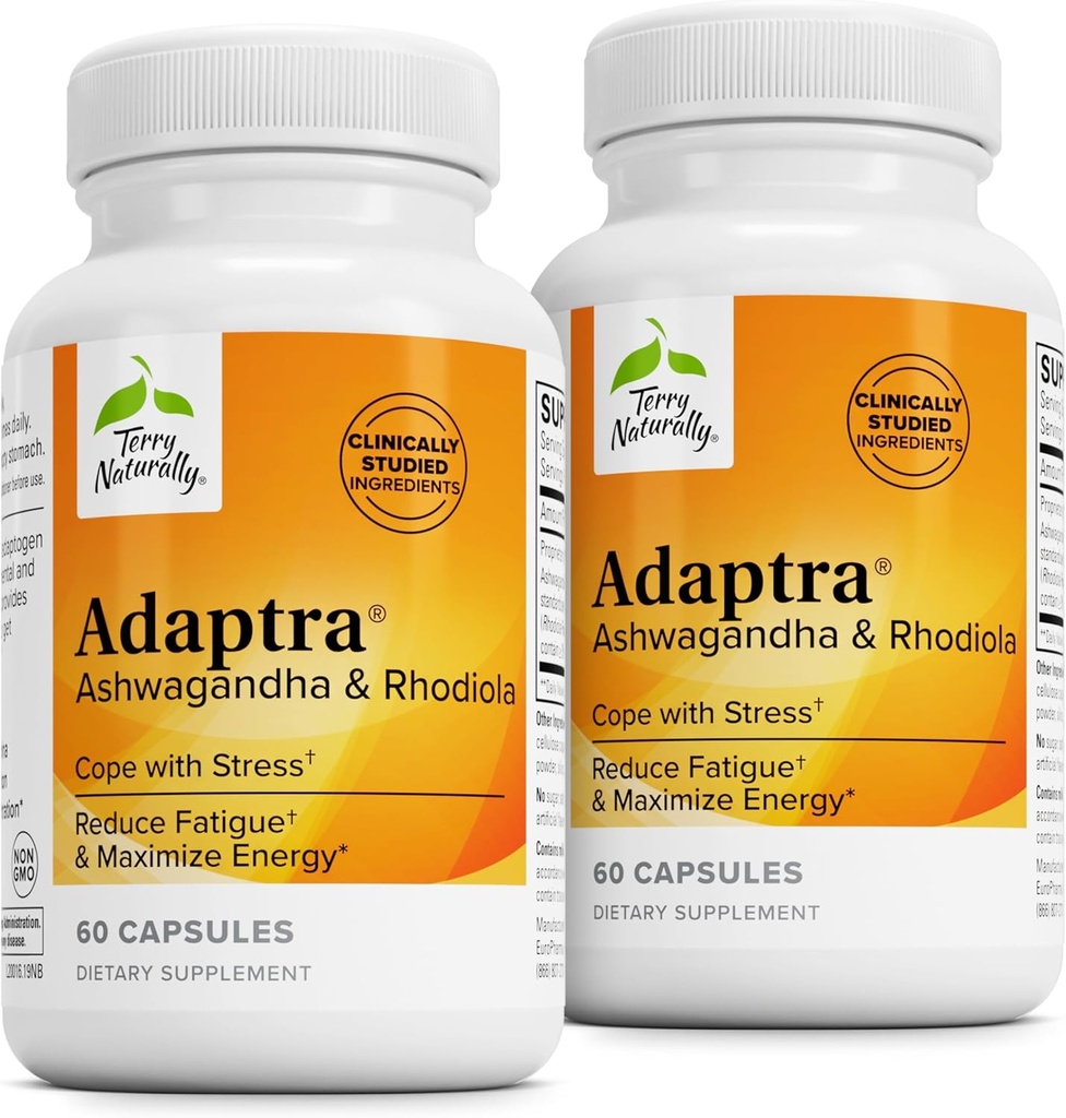 Terry Naturally Adaptra - Integratore per Sostenere la salute surrenale - Ashwagandha Supplemento con Rhodiola Rosea Extract - Integratore a base di erbe per sostenere l'energia e la concentrazione - 60 capsule (Pack of 2)