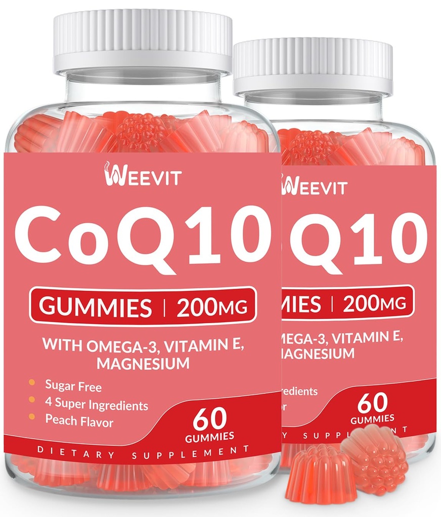 Zucchero CoQ10 Gummies 200 MG, Coenzyme Q10 (Ubiquinone) Gummies per adulti, Co Q10 Supplemento con Omega-3, Magnesio, Energia, Supporto cerebrale