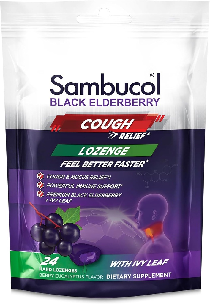 Sambucol Black Elderberry Cough Relief Lozenges - Gocce di tosse per adulti, Sambucus Elderberry Lozenges, con Ivy Leaf, Cough & Mucus Relief, Supporto immunitario, Berry Eucalyptus - 24 Count, 1 Pack