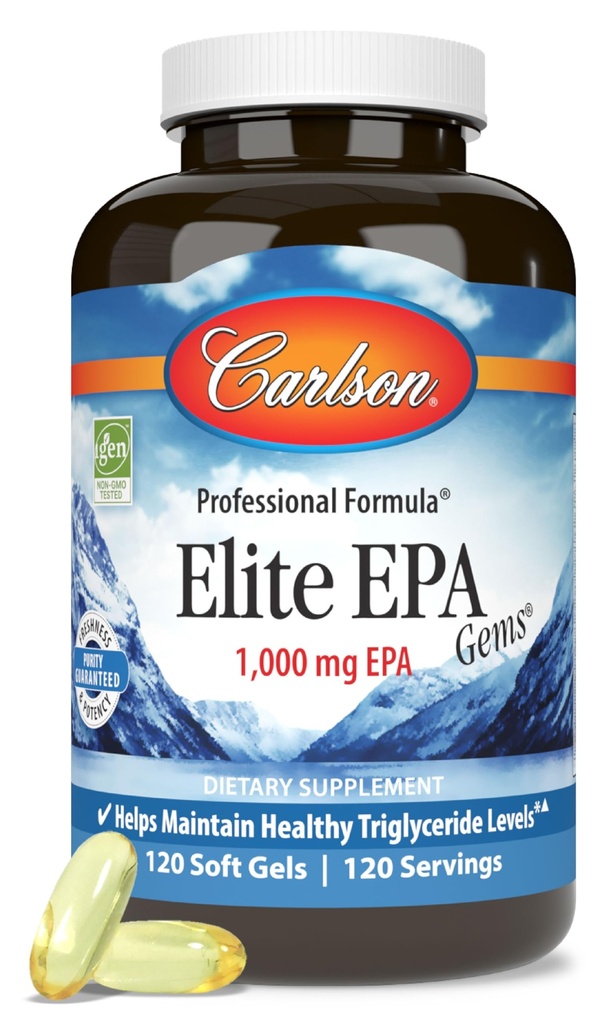 Carlson - Elite EPA Gems, 1000 mg EPA Fish Oil, Wild-Caught, Norvegese Fish Oil, Sostenibilmente Fonte, Aiuta a mantenere livelli di trigliceridi sani, 120 Softgels