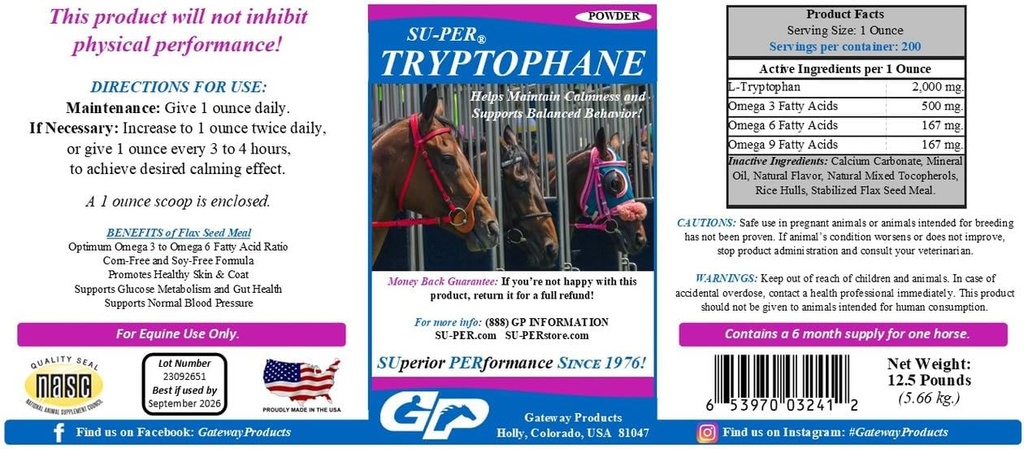 SU-PER Tryptophane cavallo calmante supplemento - mantenere la calma e supporta il comportamento bilanciato - 12,5 sterline, 6 mesi di fornitura