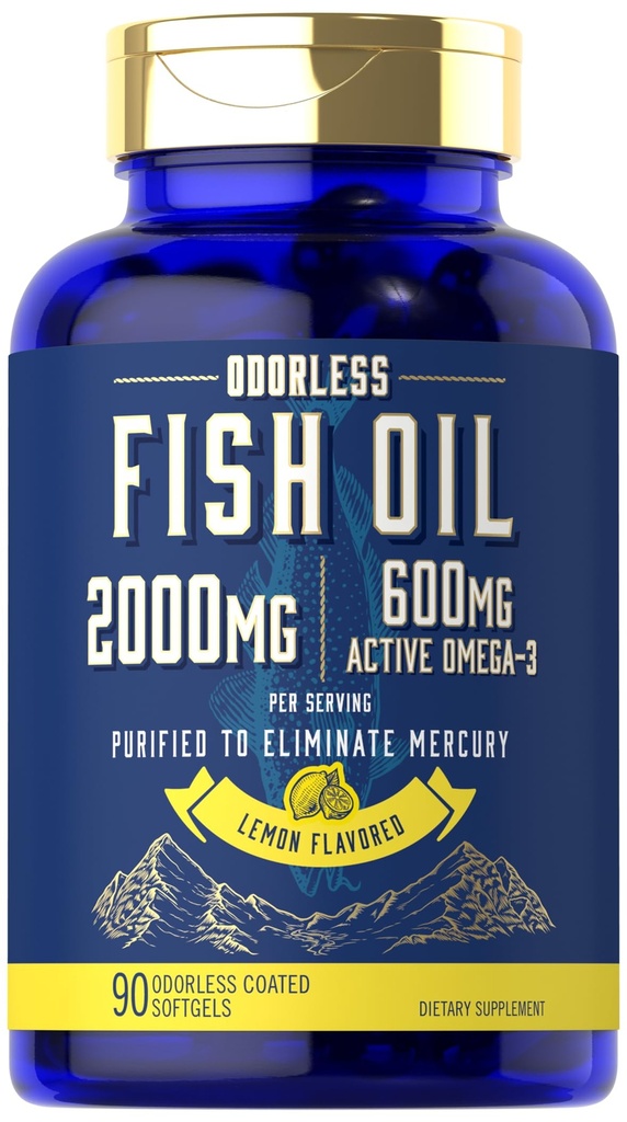 Carlyle Fish Oil 2000mg | 600mg Omega 3 Supplemento per uomini e donne | 90 Softgels inodore | Limone aromatizzato | Non OGM e senza glutine