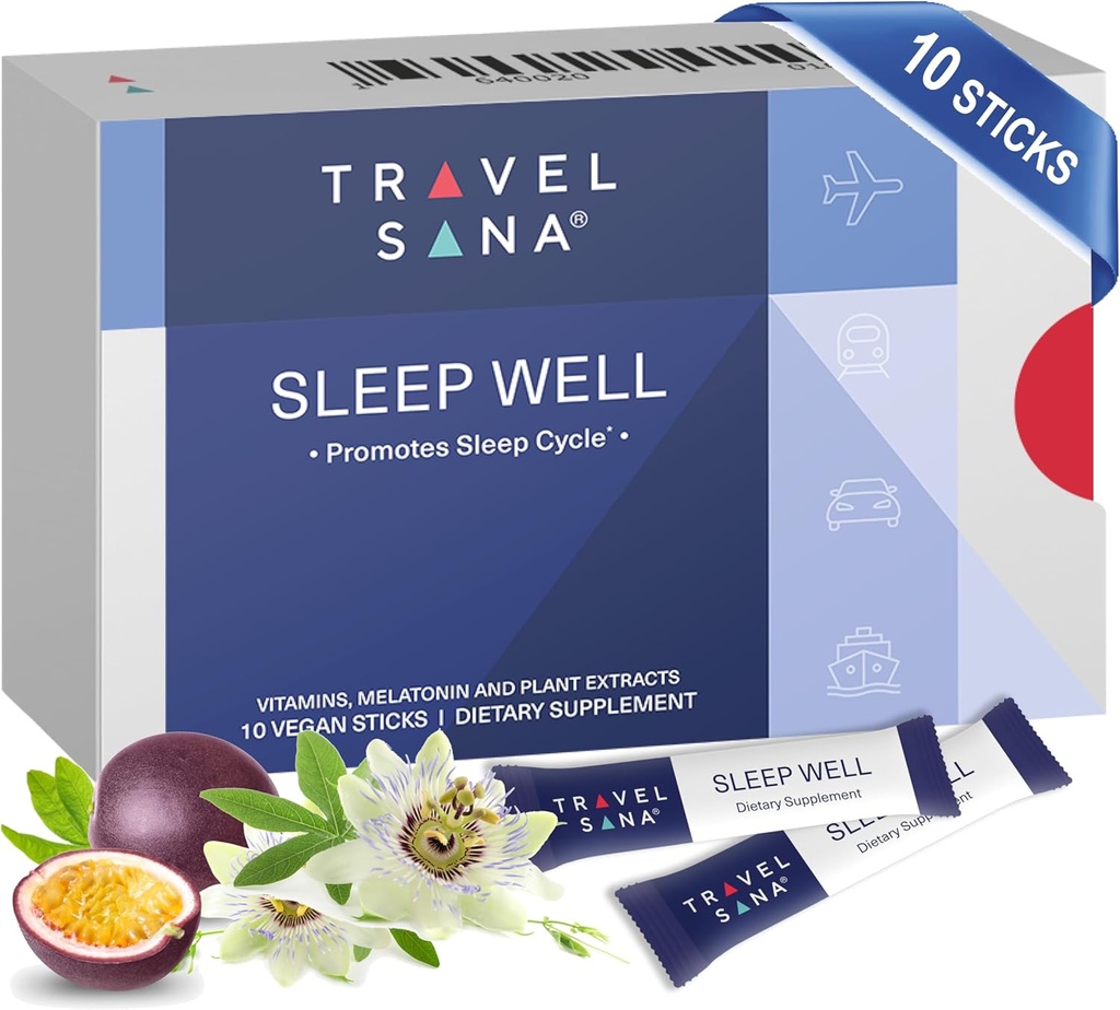 Sostenere Jet Lag Relief per i viaggiatori | Melatonin 1 mg, Passionflower Extract & Vitamins | Supporto per il sonno naturale per i viaggiatori | Fast-Acting | 10 Sticks