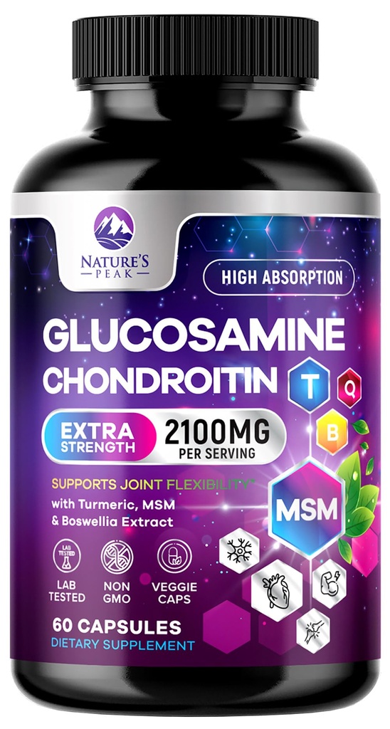 Glucosamina Chondroitin MSM Joint Supplement 2100mg - con Glucosamine Sulfate, Turmeric, Boswellia, Quercetin & Bromelain – Flessibilità Extra Strength della natura, Mobilità & Joint Support, 60 Capsule