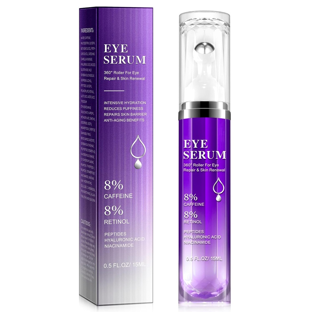 Sotto il siero del rullo dell'occhio - 8% Caffeina & 8% Crema dell'occhio retinolo per cerchi scuri, Puffiness and Bags, Puffy Bags Fine Lines, 360 Massaggi Ball Cream, Siero di acido ialuronico per uomini e donne