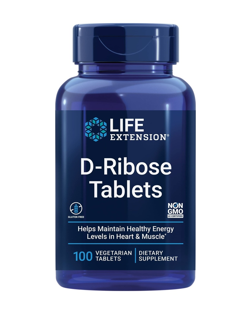 Prolungamento della vita Compresse D-Ribose, Plus Calcium, aiuta a mantenere livelli di energia sana nel cuore e nel muscolo, incoraggia la produzione di ATP, senza glutine, non OGM, Vegan, 100 compresse vegetariane