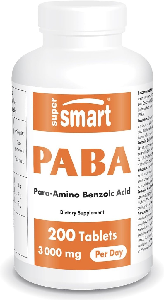 Supersmart - PABA Supplement 3000mg al giorno (acido para-amminobetico) - Vitamina B complessa naturale - Solubile acqua PABA | Non OGM & Gluten Free - 200 Tavole