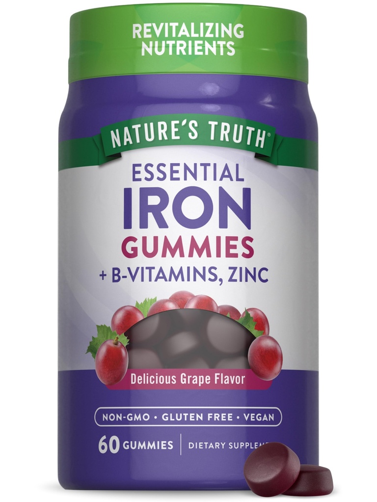 Verità di natura Iron Gummies | 60 Count | Vegan, Non OGM & Gluten Supplemento gratuito | con Zinc & B Vitamine | Sapore di Uva