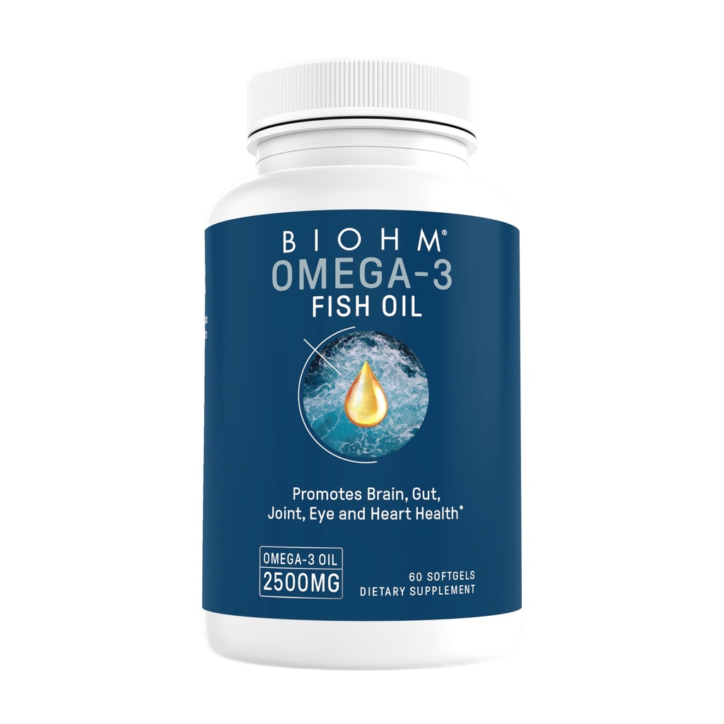 BIOHM Omega-3 Fish Oil (2500mg, 60 Softgels) Alta potenza 860mg EPA & 630mg DHA, Omega 3 Integratori di acido grasso per sostenere il cervello, Joint, Eye, Liver & Gut Health, Sostenibilmente Source