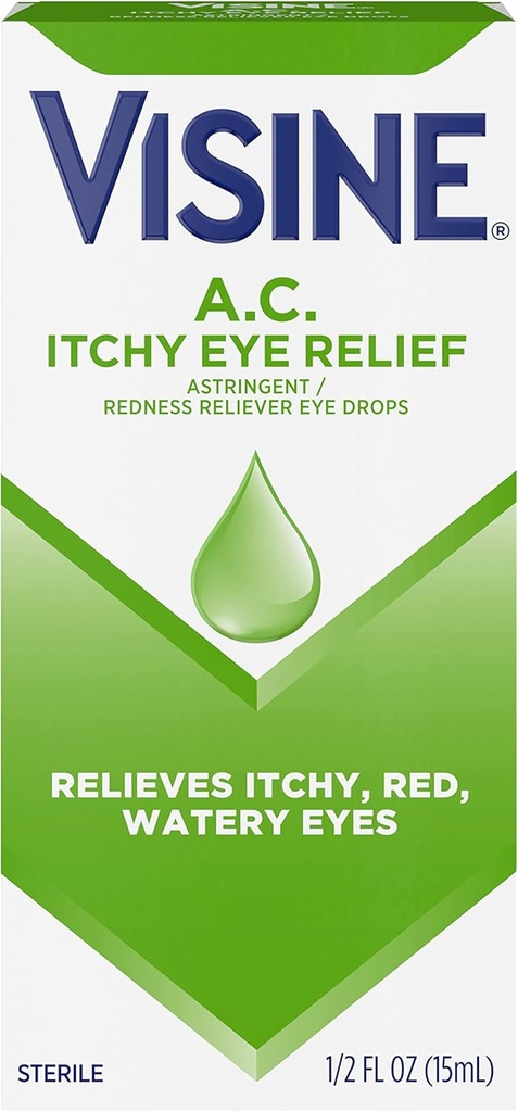 Visina A.C. Itchy Relief Eye Drops with Zinc Sulfate & Tetrahydrozoline HCl, Trattamento della goccia dell'occhio con Redness Reliever & Astringent for Itchy, Red, Watery & Irritated Eyes, 0.5 fl. oz
