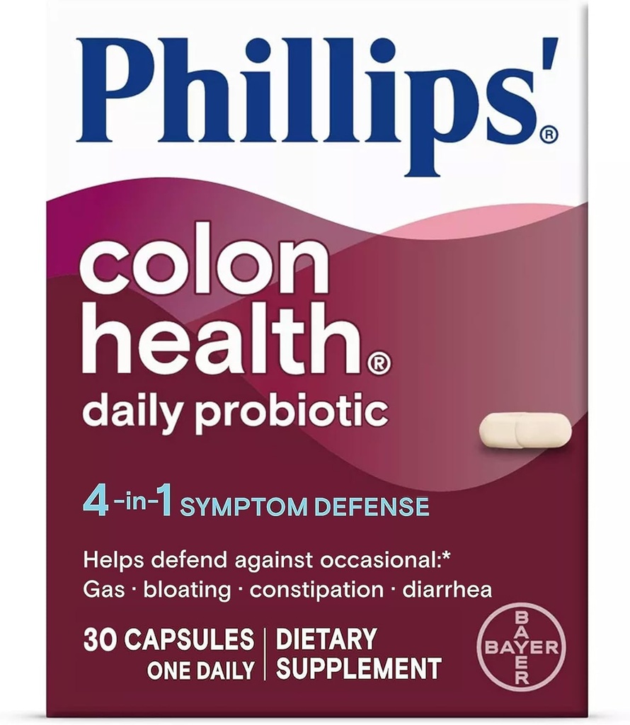 Phillips' Colon Health Daily Probiotic Capsule, 4-in-1 Difesa del sintomo per aiutare a difendere contro occasionali Gas, Bloating, costipazione e diarrea, supplemento giornaliero, 30 Conte