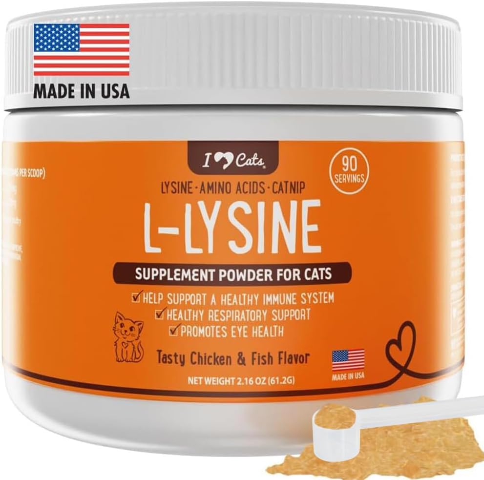 iHeartCats L-Lysine per gatti - Integratore immunitario e respiratorio per gatti - Sneezing di gatto & Runny Nose Relief - Polvere di L-Lysine con Cat Nip - Pollo e Salmone Flavor