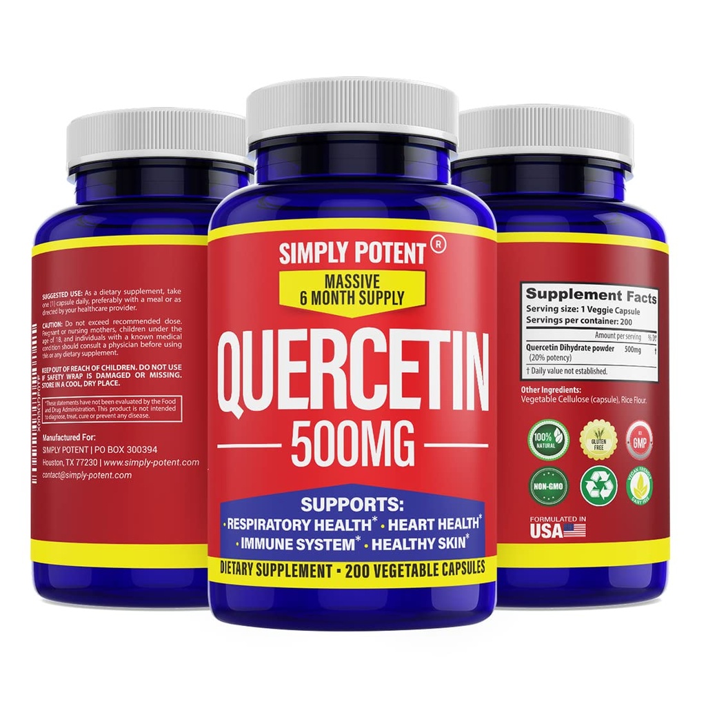 Semplicemente Potente Quercetin Supplementi, Quercetin 500mg 200 capsule, 2 X Quercetin 250mg Phytosome Bioflavonoid Antiossidante Vegan Gluten Pillole Gratuito per sostenere sano cuore cellulare e funzioni immuni