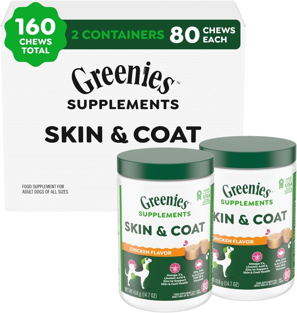 Greenies Integratori della pelle del cane e del cappotto con l'olio di pesce & Omega 3 acidi grassi, sapore di pollo, vasca da 80 paesi, pacchetto di 2