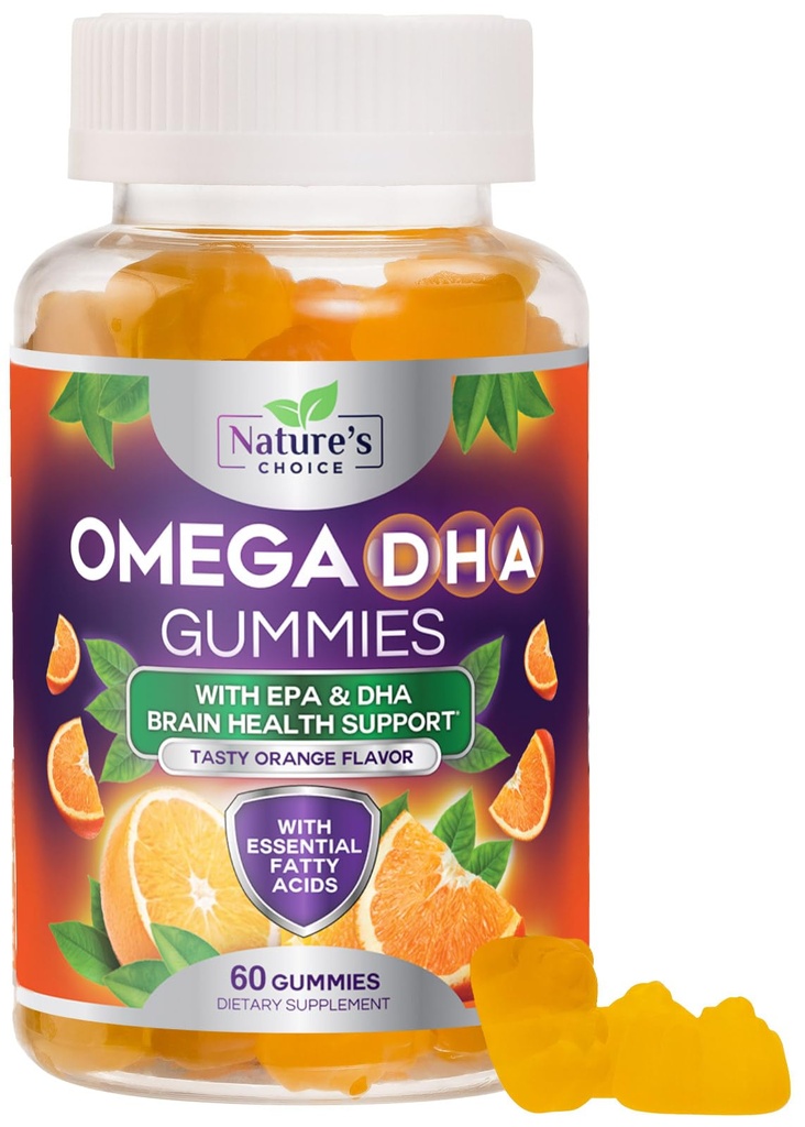 Omega 3 Fish Oil Gummies - Gomma Omega3 a tripla resistenza - DHA & EPA acidi grassi per la salute del cuore, Joint & Brain Support, Integratore di olio di pesce Omega ad alto assorbimento della natura, Arancione Flavor- 60 Gummies