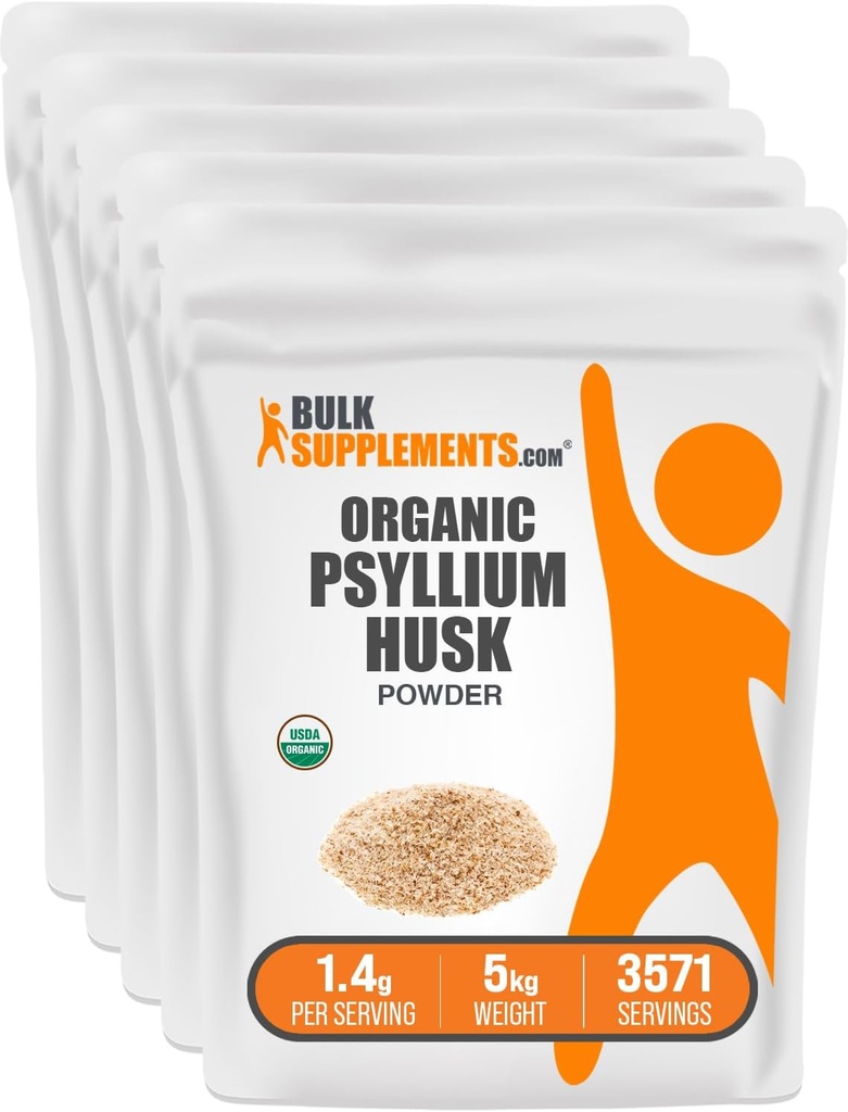 BulkSupplements.com Polvere di Husk di Psyllium Organic - Polvere di Husk di Psyllium per cuocere, supplemento di fibra - senza glutine, 1.4g per porzione, 1kg (2.2 lbs) (pacchetto di 5)