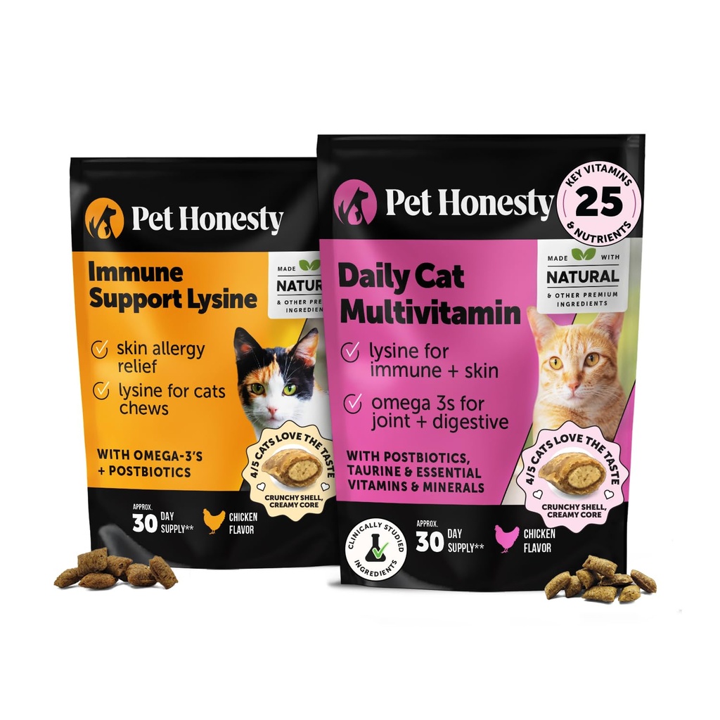Gatto Multivitaminici + Supporto Immune Lysine Dual Texture Chew Supplement Bundle - Supporti Salute Immune Complessiva, Giunti, Pelle & Cappotto, e Cat Allergy Relief - Sneezing, Runny Nose