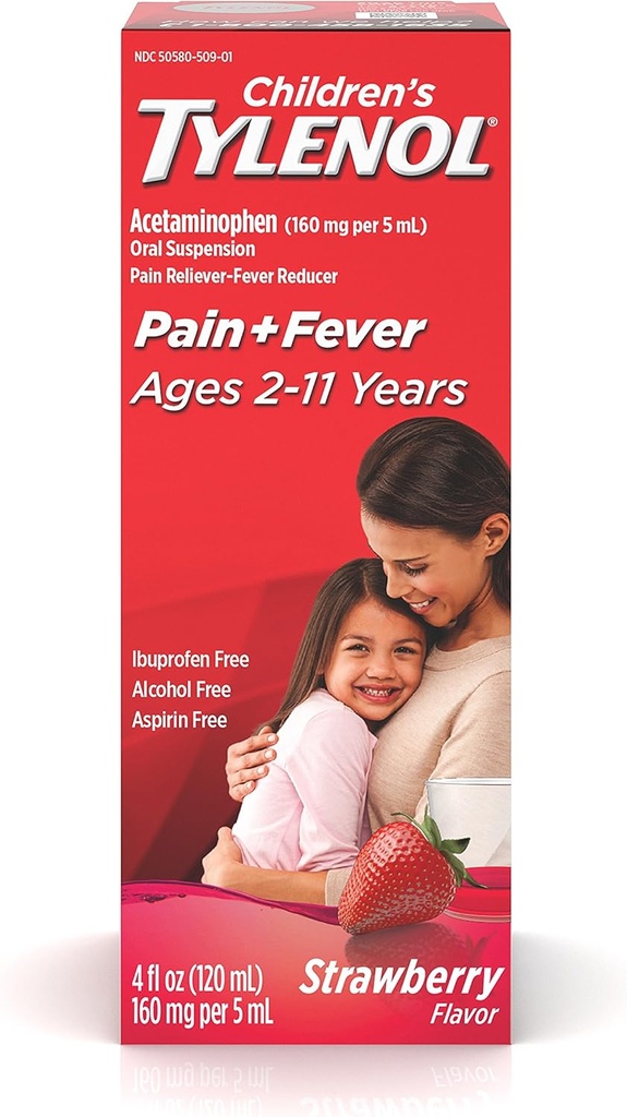 Medicina della sospensione orale del tilenolo per bambini, Riduzione del dolore liquido per bambini & Fever per sintomi di freddo + fluido, Aspirina-, Ibuprofen- & Alcohol- Libero, Fragola, 4 fl. oz