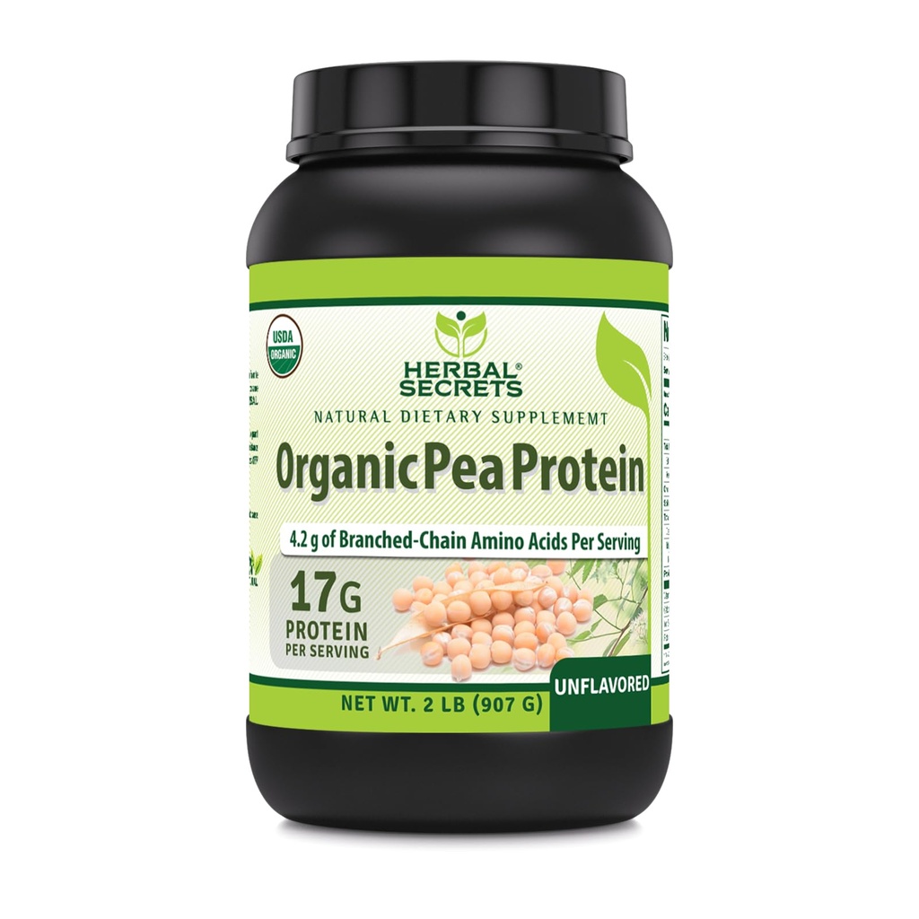 Herbal Secrets Organic Pea Protein Powder | 2 Lbs. | 17 Grammi Proteine Per Serving | 4.2 Grammi BCAA Supplement | Non OGM | Gluten Free | Made in USA