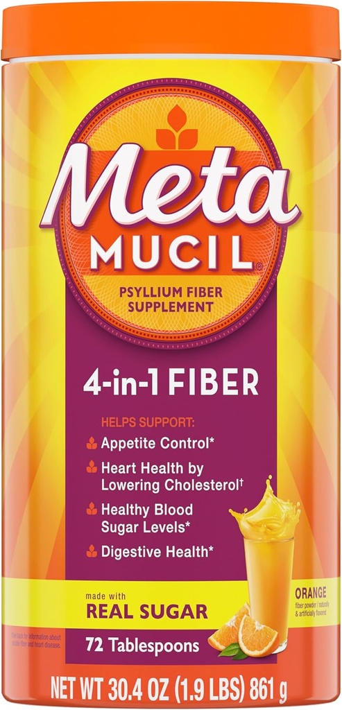 Metamucil 4-in-1 Psyllium Husk Fiber Supplemento, Zucchero reale, 72 cucchiai, Arancio aromatizzato, Polvere di fibra giornaliera per la salute digestiva, realizzato con fibra di Psyllium Husk di pianta